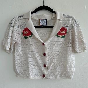 Mukzin Collared Lace Top with Embroidered Roses